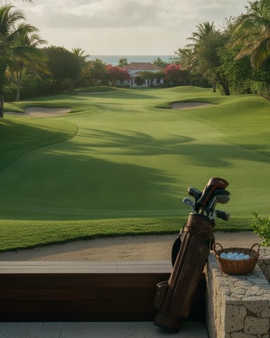Golf course with manicured lawn, sand bunkers, palm trees, and white villa with pink flowering trees in background
