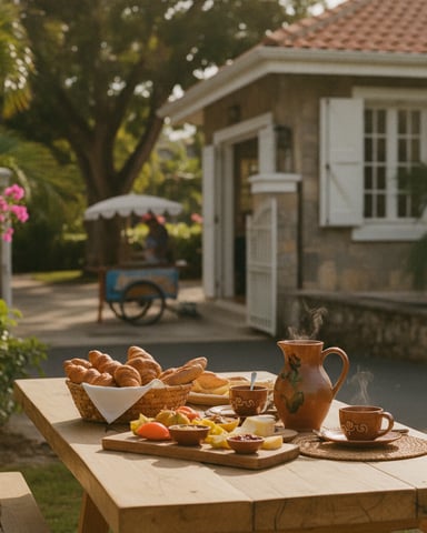 Outdoor breakfast table with pastries, fruit, cheese, and terracotta pitcher overlooking tropical courtyard with white cottage and flowering plants.