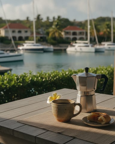 Outdoor table with coffee cup, moka pot, and pastry overlooking moored sailboats and waterfront houses