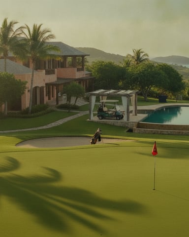 Luxury villa with golf course, swimming pool, palm trees, and mountain views overlooking coastal landscape