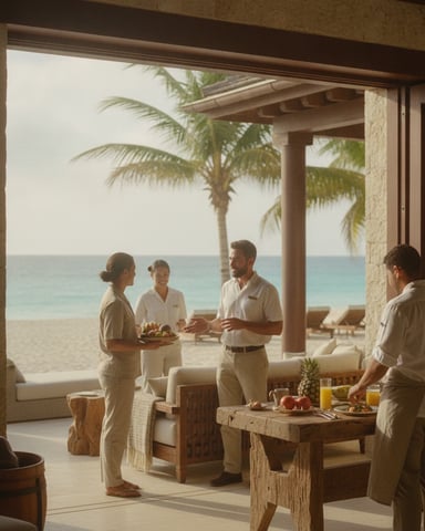 Staff serving refreshments to guests on beachfront patio with ocean view and palm trees