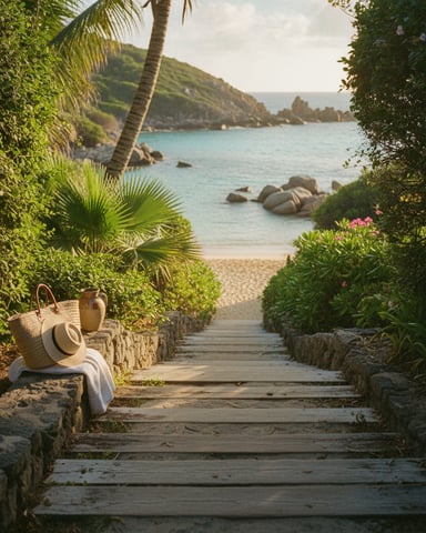 Wooden boardwalk lined with tropical plants leading to turquoise cove with sandy beach and rocky headland