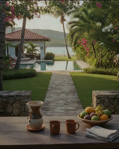 Waterfront villa with pool, palm trees, flowering bougainvillea, and lake view beyond manicured gardens