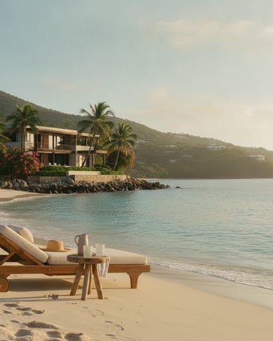 Modern beachfront villa with palm trees and magenta flowers, viewed from sandy beach with lounge chair and calm turquoise water.