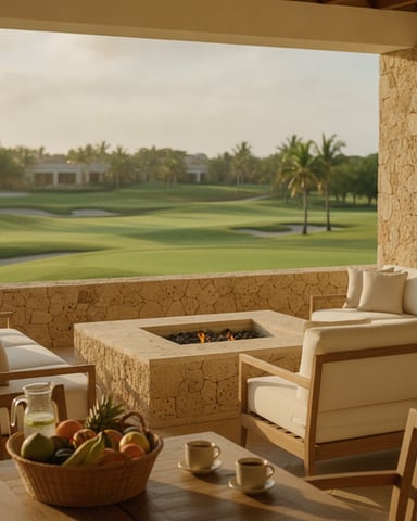 Covered patio with stone fireplace, cream seating, and golf course view with palm trees