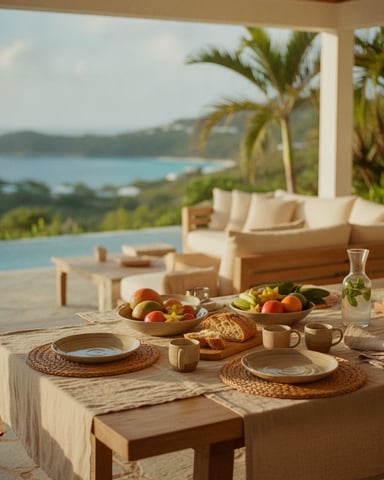 Outdoor dining table set for two with ocean and palm tree views from a beachfront terrace