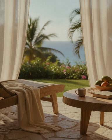 Wooden lounge chair with throw blanket on patio overlooking garden, sea, and palm trees through sheer curtains