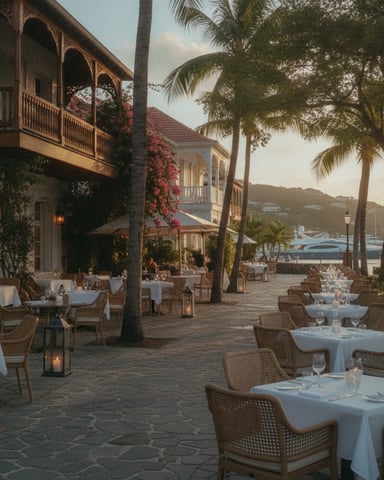 Waterfront restaurant terrace with white-clothed tables, woven chairs, palm trees, colonial buildings, and boats visible in harbor at sunset.
