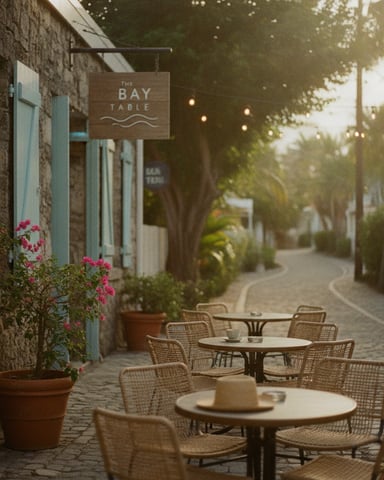 The Bay Table restaurant storefront with outdoor seating, stone building, pink flowers, and tree-lined street at dusk