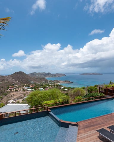 Infinity pool and deck overlooking tropical coastline with islands, palm trees, and turquoise water