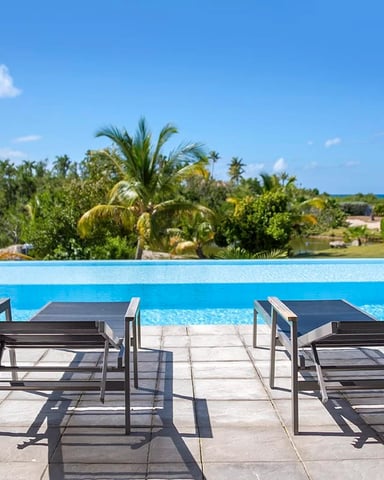 Infinity pool with lounge chairs overlooking tropical gardens and ocean horizon under blue sky