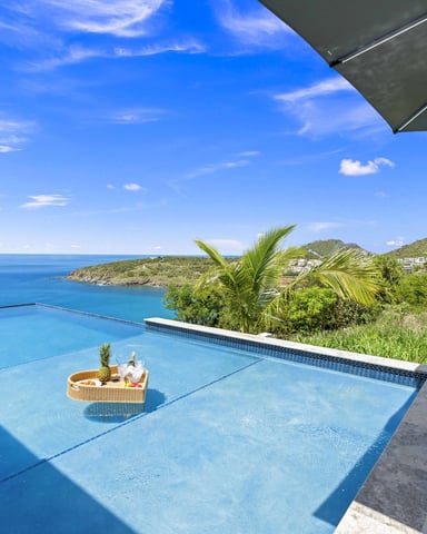 Infinity pool overlooking tropical coastline with palm trees, green hills, and turquoise ocean under blue sky