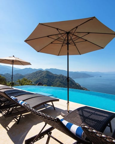 Infinity pool with lounge chairs and umbrellas overlooking forested mountains and blue ocean