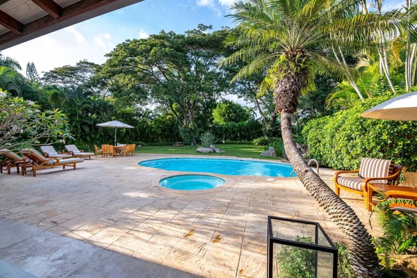 Backyard pool and spa surrounded by lounge chairs, palm trees, and lush tropical landscaping